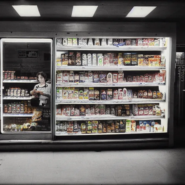 Image similar to a cow inside a convenience store at night, kodachrome photograph