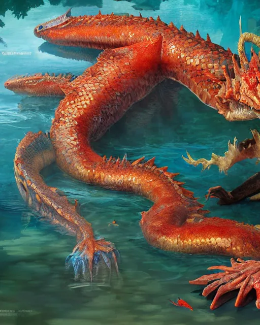 Image similar to game character, ethereal, gorgeous, mysteriously beautiful giant huge kaiju sized pond dragon half fish half salamander, sea dragon, wet amphibious skin, red salamander, axolotl creature, koi pond, korean village by Ruan Jia and Gil Elvgren, fullbody