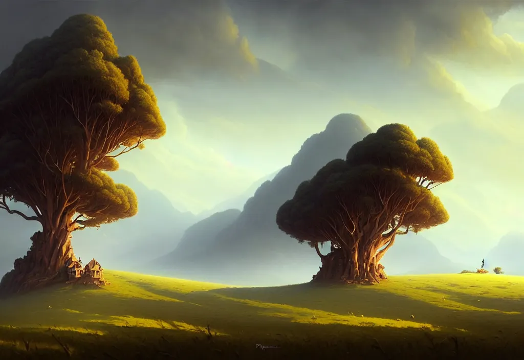 Image similar to dionisio landscape without people, high trees, top of the hill, above low layered clouds, deep focus, fantasy, intricate, elegant, highly detailed, digital painting, artstation, concept art, matte, sharp focus, illustration, hearthstone, art by rhads and artgerm and greg rutkowski and gediminas pranckevicius