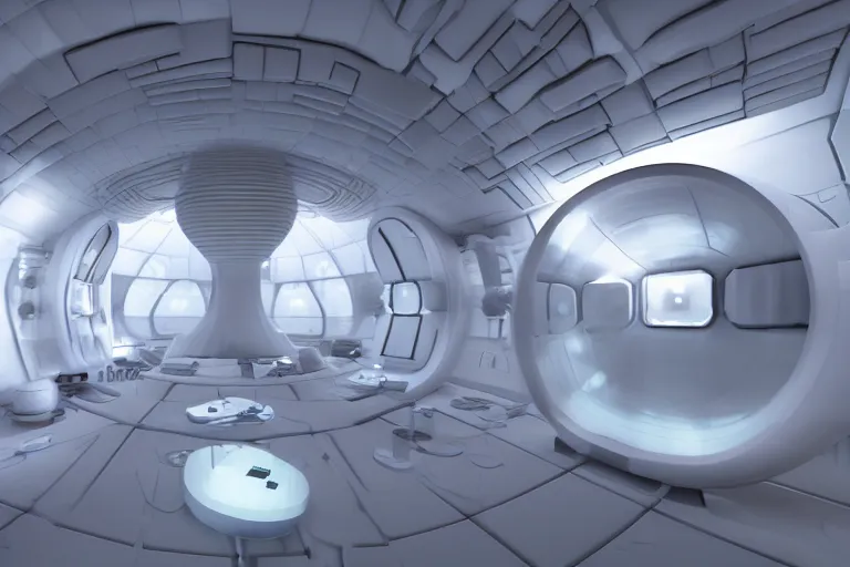 Prompt: interior of cryogenic pods room inisde a spaceship, volumetric lighting, atmospheric