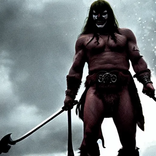 Prompt: conan the barbarian as the joker in the dark knight ( 2 0 0 8 )