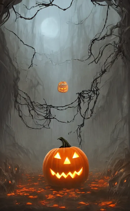 Image similar to fantasy monster concept art, a jack o lantern monster with vines for a body walking down a street of nightmares, dynamic lighting, photorealistic, trending on art station, stunning visuals, creative, cinematic, ultra detailed, atmospherical, ambient lighting, scary art