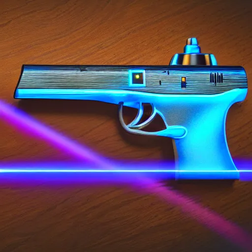 Prompt: a studio photograph of a futuristic laser pistol, glowing leds, jeweled, sleek alien technology, engraved, wooden inlays laying on cloth, xf iq 4, 1 5 0 mp, 5 0 mm, adobe lightroom, photolab, affinity photo, photodirecto