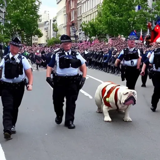 Image similar to giant english bulldog with police escort at parade, live footage, 4 k