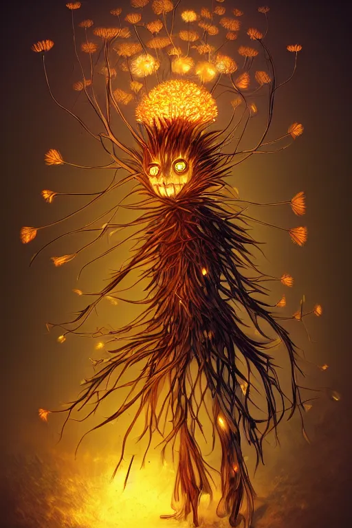 Image similar to a humanoid figure glowing dandelion plant monster, amber eyes, highly detailed, digital art, sharp focus, ambient lighting, autumn, trending on art station, anime art style