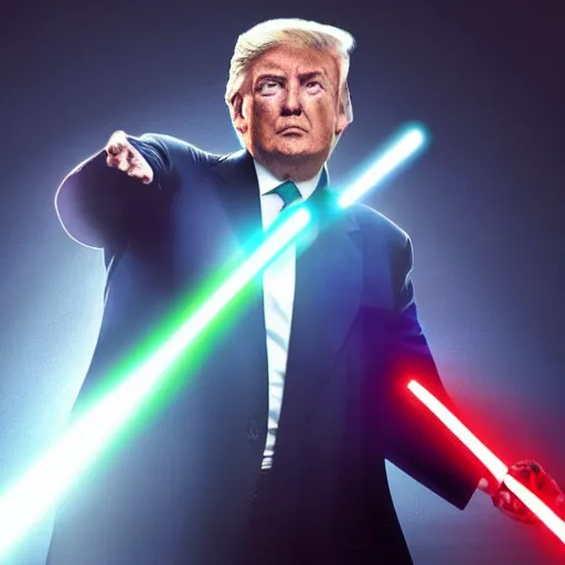 Prompt: donald trump wielding a lightsaber, dynamic lighting, highly detailed