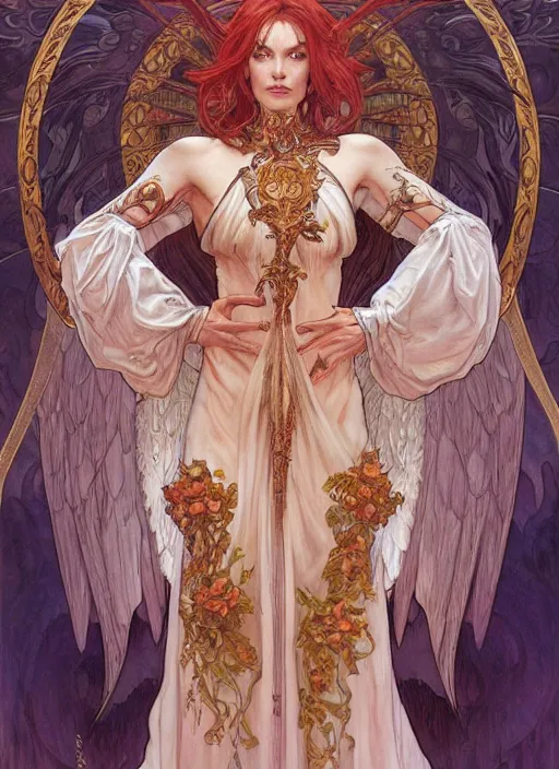 Prompt: Angel demon as a beautiful woman, fantasy, intricate, elegant, highly detailed, centered, digital painting, artstation, concept art, smooth, sharp focus, illustration, art by artgerm and donato giancola and alphonse mucha