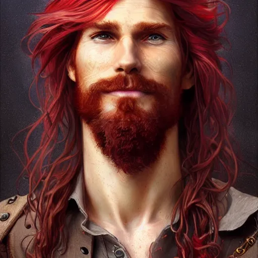 Image similar to portrait of a young ruggedly handsome but joyful pirate, male, masculine, upper body, red crimson hair, very long flowing hair, fantasy, joyful smirk, intricate, elegant, highly detailed, digital painting, artstation, concept art, matte, sharp focus, illustration, art by artgerm and greg rutkowski and alphonse mucha