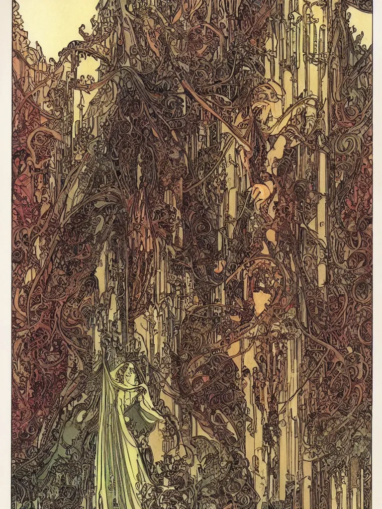 Image similar to castle by philippe druillet and mucha and moebius, symetrical
