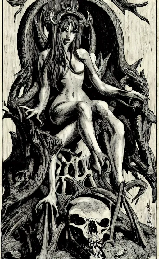 Image similar to a mesmerizing succubus sitting in a relaxed pose on her throne of bones in hell,