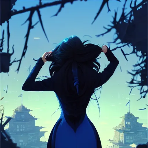 Image similar to low - angle shot from behind of a long blue - haired girl in a tailcoat overlooking noxus, noir, screenshot, sharp focus, intricate, illustration, cell shaded, digital painting, highly detailed, art by ilya kuvshinov, wlop, greg rutkowski, studio quality, james jean