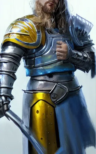 Image similar to a rugged young knight with blonde hair and blue eyes and a short beard wearing a blue shirt over chain mail and steel pauldrons and a yellow cape and leather boots concept art by Tony Sart and Greg Rutkowski, realistic, highly detailed, masterpiece, ArtStation