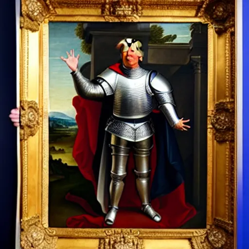 Image similar to full - body - front - shot, donald trump wearing knight'armor, crown, renaissance painting of a knight, detailed face