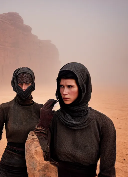 Image similar to cinestill 5 0 d photographic portrait by steve mccurry of two loving female androids wearing rugged black mesh techwear on a desolate plain, extreme closeup, modern cyberpunk, dust storm, 8 k, hd, high resolution, 3 5 mm, f / 3 2, ultra realistic faces, ex machina