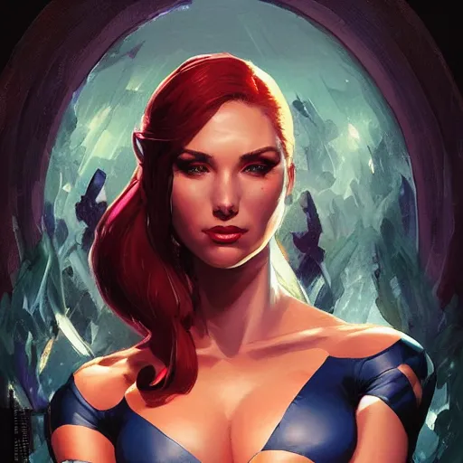 Image similar to portrait of beautiful Mystique from X-Men, League of Legend illustration by greg rutkowski:2, profile picture by Gil Elvgren:2, asymmetrical, Organic Painting, Ambient Occlusion:3, Matte Painting, bold shapes, hard edges, street art, trending on artstation, realistic:2 by Sachin Teng:5