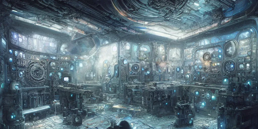 Prompt: by John Howe and Moebius and Bastien Lecouffe Deharme and Andreas Rocha A beautiful hyper realistic detailed matte painting of room of a a very shiny detailed submarine control panel made of iridescent motherboards, in the middle of an empty room, trending on artstation ,trending on behance, top trending on discord, top trending disco diffusion, unreal engine, computer motherboard,submarine rooms,engine rooms, granular creation .001mm micro voxels, voxel size 0.001mm, .001 mm x .001mm x .001mm voxel size
