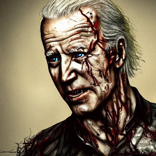 Image similar to joe biden as a rotting zombie, full body portrait, in a front of podeum, horror core, apocalyptic, feeling of grimdark, sharp focus, fiction, hyper detailed, digital art, trending in artstation, cinematic lighting, studio quality, smooth render, unreal engine 5 rendered, octane rendered, art style and nixeu and wlop and krenz cushart