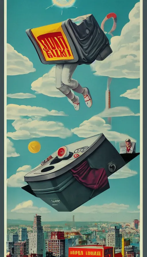 Image similar to giant washing machine attacking city, flying socks, 1 9 6 0 s science fiction poster, atompunk, behance, trending on artstation