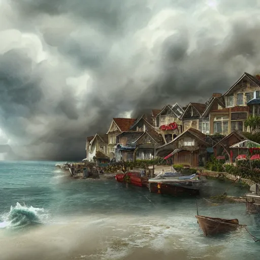 Image similar to a watercolor illustration of a cozy seaside village with a menacing storm cloud on the ocean horizon, octane render, highly detailed, masterpiece, by anthony micallef