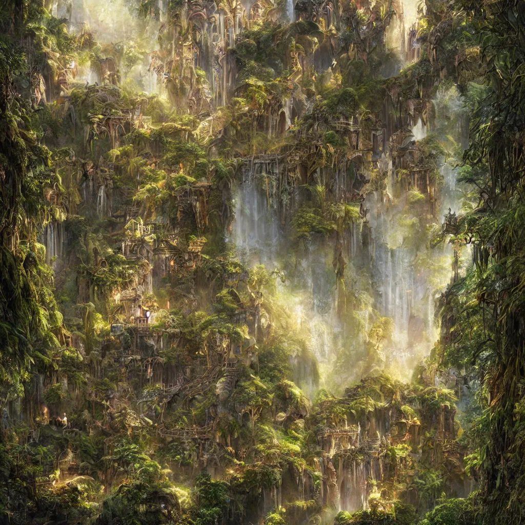 Image similar to fox in a fairy palace, castle towers, sunbeams, gothic towers, Japanese shrine waterfall, gold and gems, gnarly details, lush vegetation, forest landscape, painted by tom bagshaw, raphael lacoste, eddie mendoza, alex ross concept art matte painting