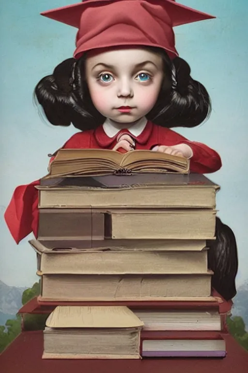 Prompt: cute little school girl with books, lowbrow, matte painting, 3 d highly detailed, in the style of mark ryden