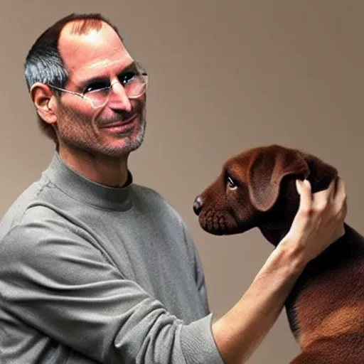 Image similar to Steve Jobs lovingly playing with a brown puppy, highly detailed, hyper realistic