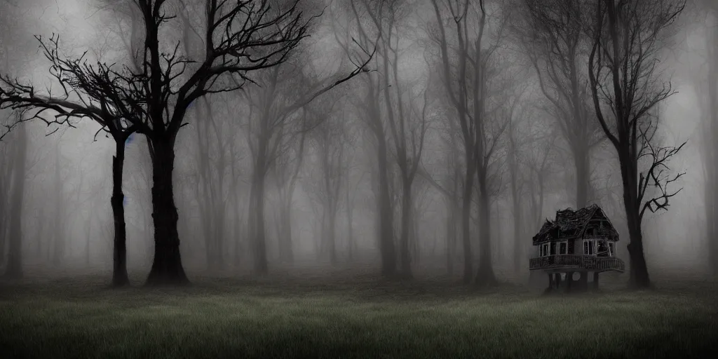 Image similar to fun strange darkness house, dead tree, inspired by Tim Burton, (by Tim Burton) dark forest background, mist, fog, volumetric lighting