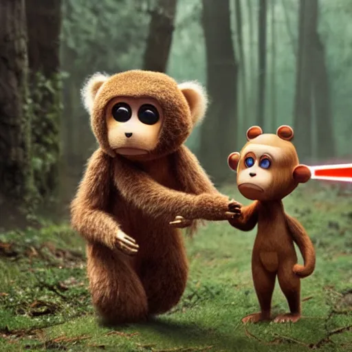 Prompt: A movie still of Cheburashka with large monkey-like ears from Eduard Uspensky\'s novels holding a lightsaber, 4K