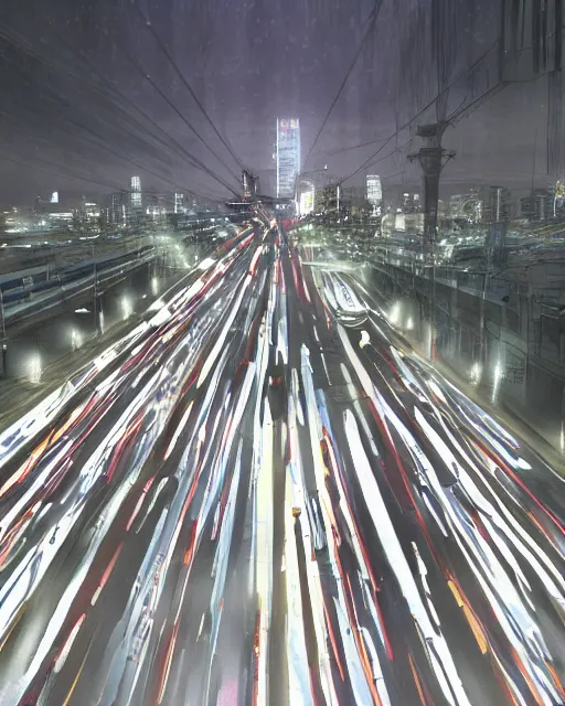 Image similar to freeway at night, light from traffic in the city beyond, unreal engine, hyperrealism, realistic shading, cinematic composition, realistic render, octane render, detailed textures, by liam wong and makoto shinkaismoothed : symmetrical fractal pattern, collection of cells, artwork for creative design, art and entertainment