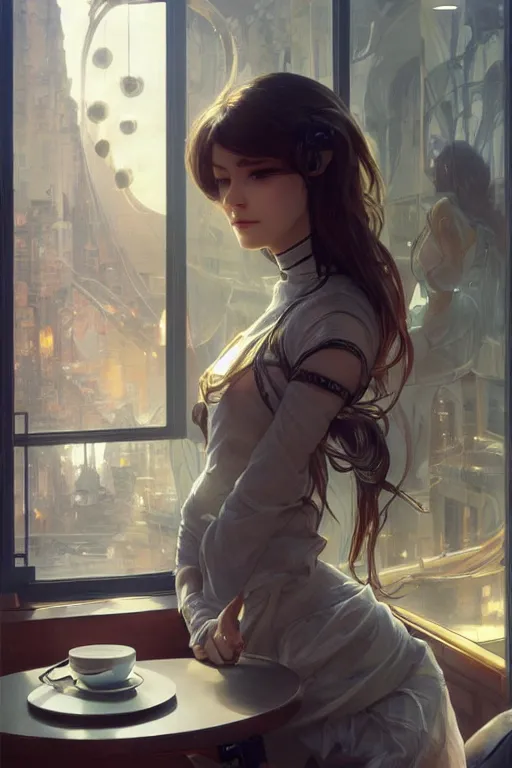 Image similar to an attractive serene cute android in a cafe, partially human , partially biomedical design , natural atmosphere, great high details, highly reaslitic, cinematic lighting, intricate, elegant, super highly detailed, art station, concept arD, beautiful, delicate, art by artgerm and greg rutkowski and alphonse mucha and loish and WLOP