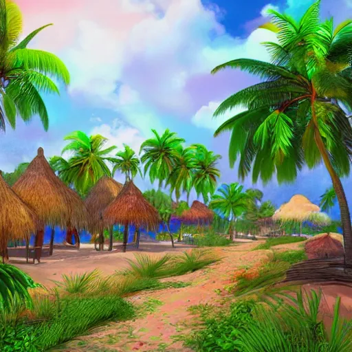 Image similar to a village on a tropical island, very colorful, beach, palms, trending on artstation