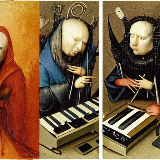 Image similar to three electronic musicians painted in the style of Hieronymus Bosch