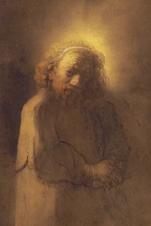 Prompt: regretful angel, stressed out office worker. By rembrandt.