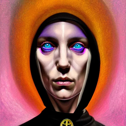 Image similar to ! dream an extremely psychedelic portrait of a nun, surreal, lsd, face, detailed, intricate, elegant, lithe, highly detailed, digital painting, artstation, concept art, smooth, sharp focus, illustration