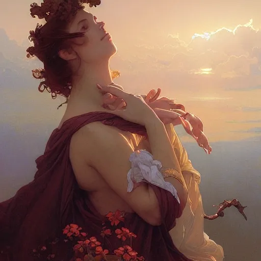 Image similar to clouds on the horizon intricate, elegant, highly detailed, digital painting, artstation, concept art, smooth, sharp focus, illustration, art by artgerm and greg rutkowski and alphonse mucha and william - adolphe bouguereau