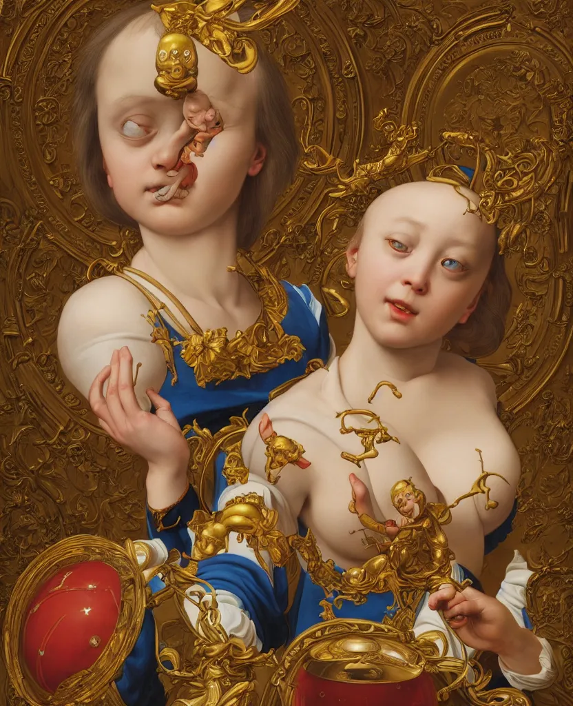 Prompt: a painting of a doraemon ceramic toy, a flemish baroque by dino valls and jc leyendecker, trending on zbrush central, classical realism, flemish baroque, hyper realism, chiaroscuro