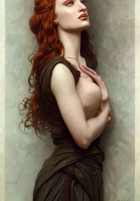 Prompt: sansa angeline jolie gessica chastain sea, intricate, elegant, highly detailed, digital painting, artstation, concept art, smooth, sharp focus, illustration, art by artgerm and greg rutkowski and alphonse mucha and william - adolphe bouguereau