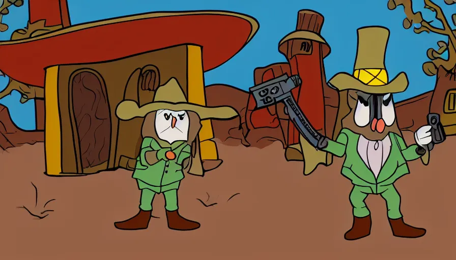 Image similar to 2000s cartoon show screenshot about a gunslinging owl from the wild west, wearing a cowboy hat an eye mask, standing in an old west town the animated show, in the style of cowboys of moo mesa