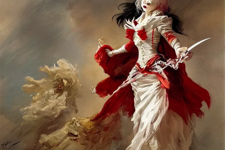 Image similar to a vampire with long light white hair and a red scarf, windy, ribbons, melancholic, modern maximalist harlequin fashion dress, is ( ( holding a golden sword ) ). light dust, magnificent, hyperdetailed, theatrical, painted by jean honore fragonard and greg rutkowski