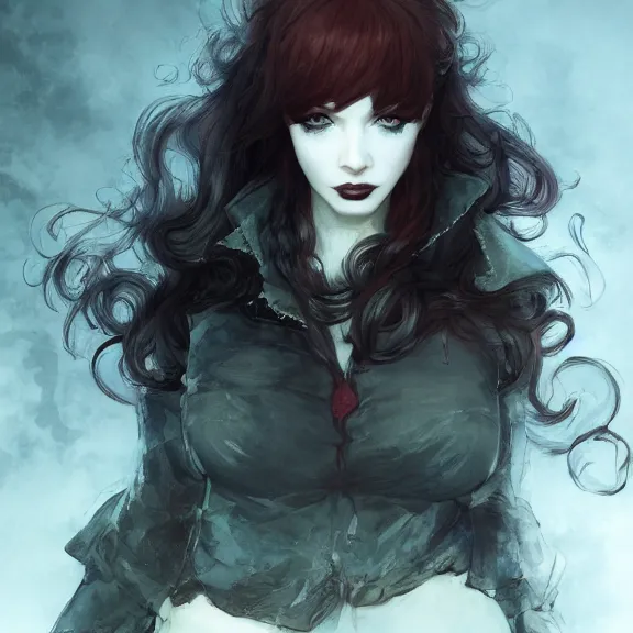 Image similar to christina hendricks!!!!! goth!!!!!, tankoban, 4 k, tone mapping, akihiko yoshida, james jean andrei riabovitchev marc simonetti, yoshitaka amano, long hair, curly, h. hydrochaeri