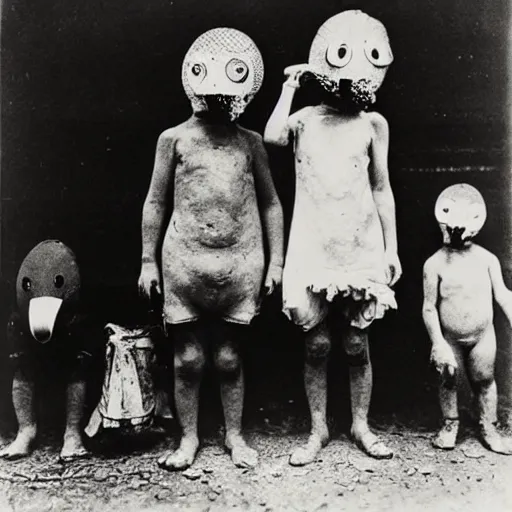 Image similar to portrait of children wearing chicken masks, photograph, style of atget, 1 9 1 0, creepy, dark