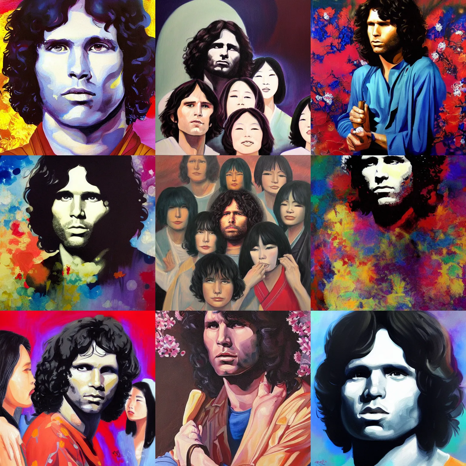 Prompt: A beautiful painting of jim morrison surrounded by japanise women. Painting by Nikolai Rerikh, Trending on artstation