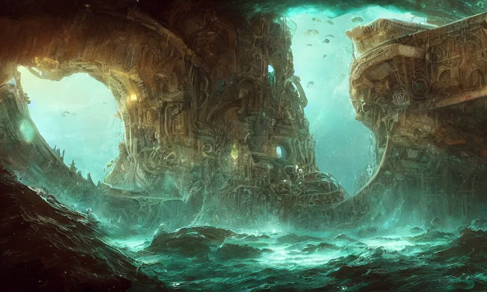 Image similar to lost civilization of atlantis sunken deep in the ocean, digital art, concept art, fantasy art, highly detailed, hd wallpaper, hdr, artstation, deviantart, behance