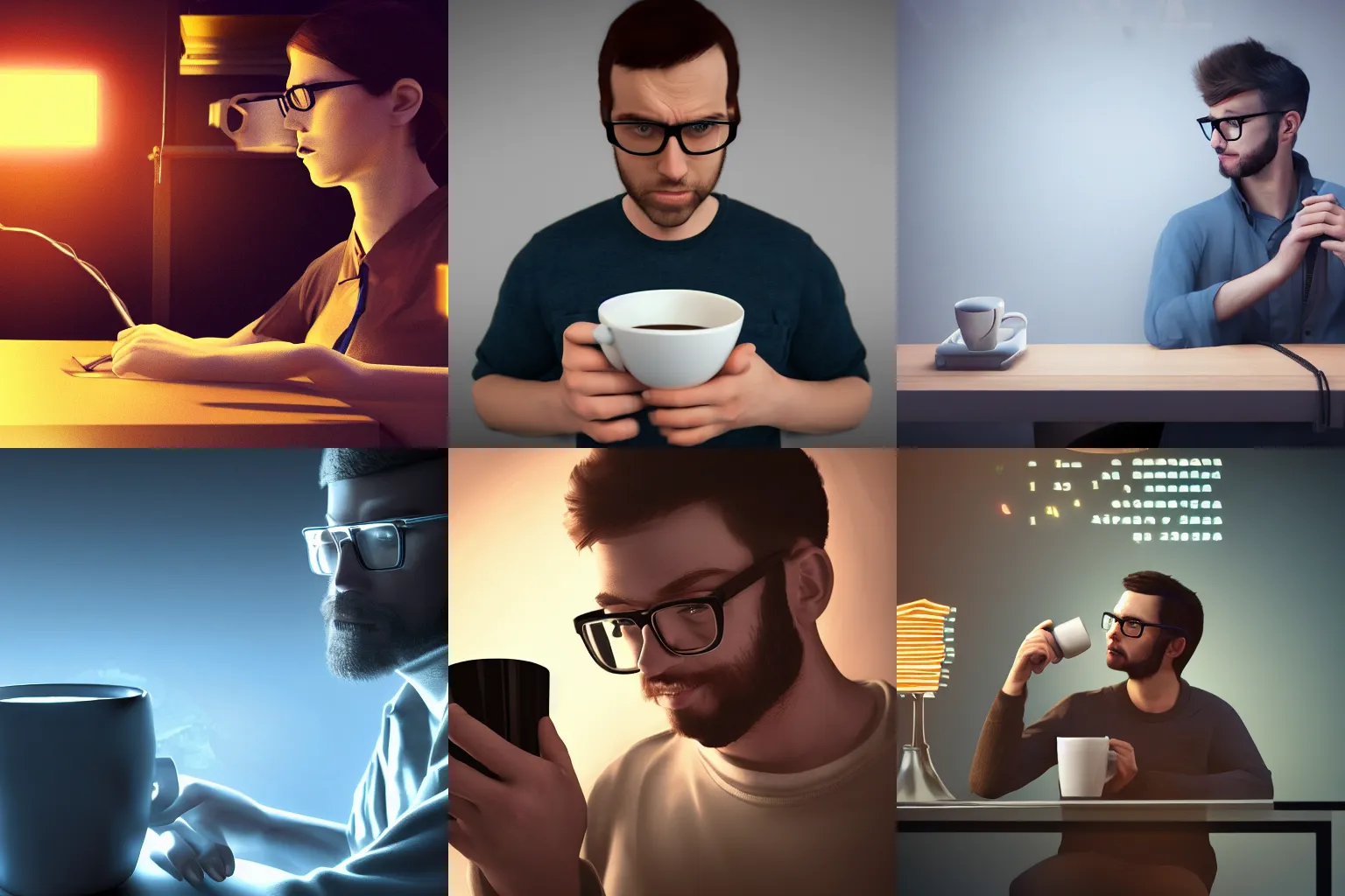 Prompt: nerdy programmer drinking copious amounts of coffee, 8k dramatic lighting, ultrarealism, trending on artstation