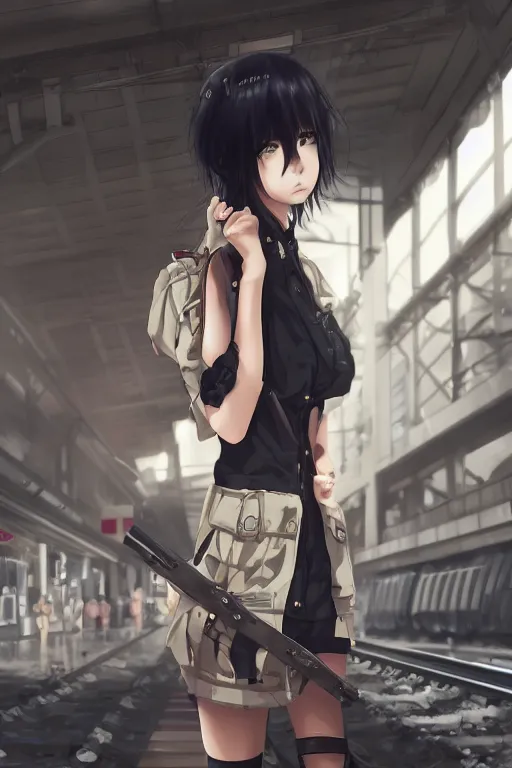 Image similar to anime girl with short black hair wearing military clothes at a train station in japan, aesthetic, wlop, digital painting, trending on artstation, highly detailed, epic composition, 8 k uhd