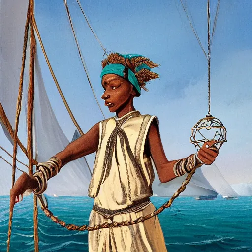 Prompt: character design portrait by grzegorz rutkowski of black teenage african female swinging a small metal ball with a thin long silver chain attached to it dressed in long gold silk robes with ornate patterned stitching and a metallic teal headband, silver sandals stands on a tall ships sailing boat, rough seas c 1 3. 0