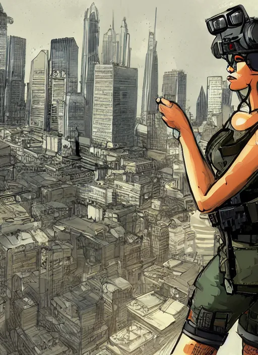 Image similar to Dinah. USN special forces operator looking at city skyline. mgs and rb6s Concept art by Matt Rhodes.