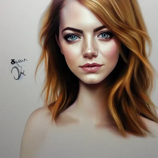 Image similar to portrait of a hybrid of emma stone and emma roberts and emma watson, photo realistic, highly detailed, perfect face, art by artgerm