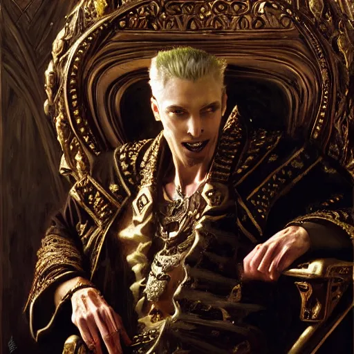 Image similar to perfectly centered portrait of attractive vampire king in a robe sitting on a throne of bones, highly detailed painting by gaston bussiere, craig mullins, j. c. leyendecker, 8 k