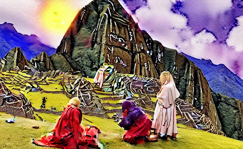 Prompt: a realistic and atmospheric watercolor fantasy concept art of a golden ufo hovering above machu pichu. in the foreground a female medieval monk in grey robes is kneeling with her hands by her sides. by rebecca guay, michael kaluta, charles vess